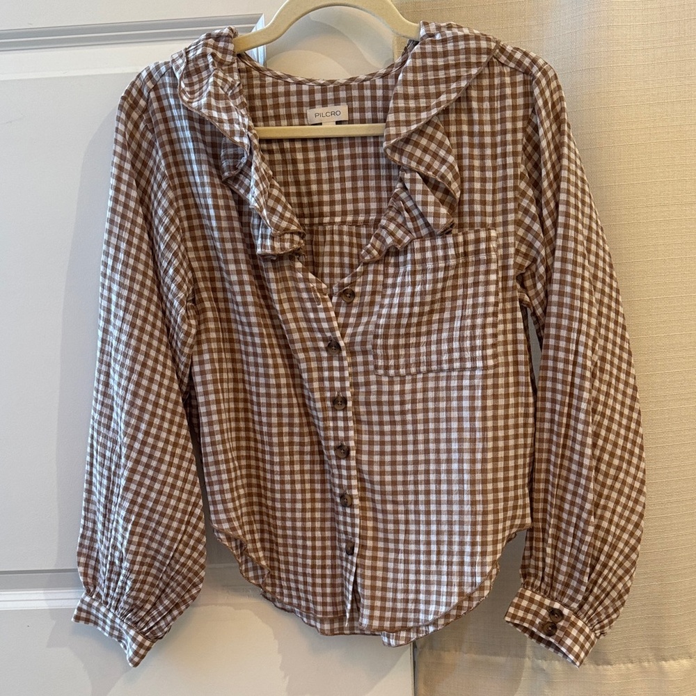 Pilcro Brown and White Gingham Ruffle Collar Button-Front Top